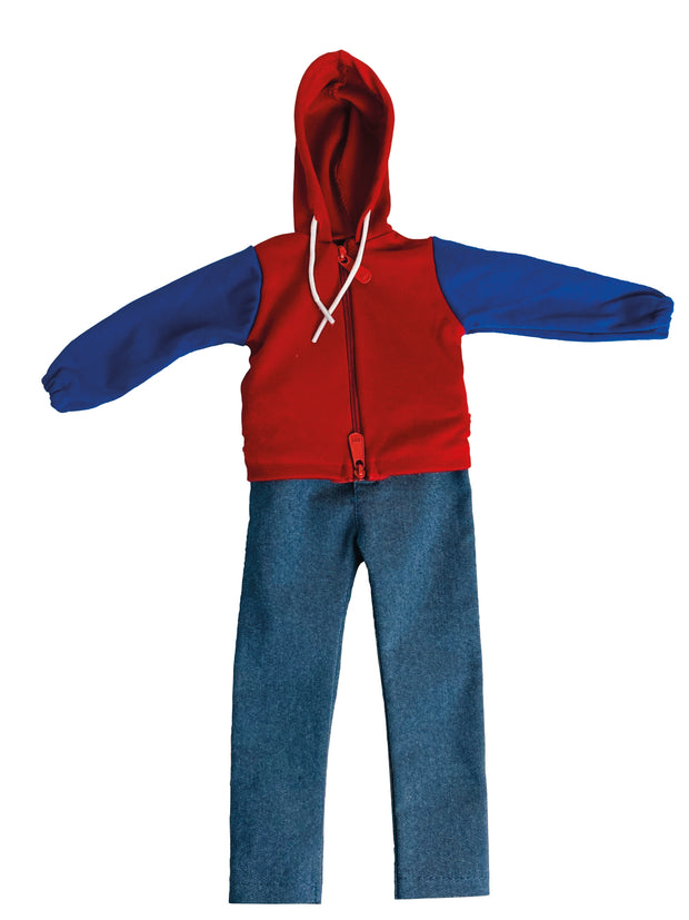 Hoody mit Jeans, roter Body, blaue Arme mit Wartungszugang und Gummibündchen an den Armen