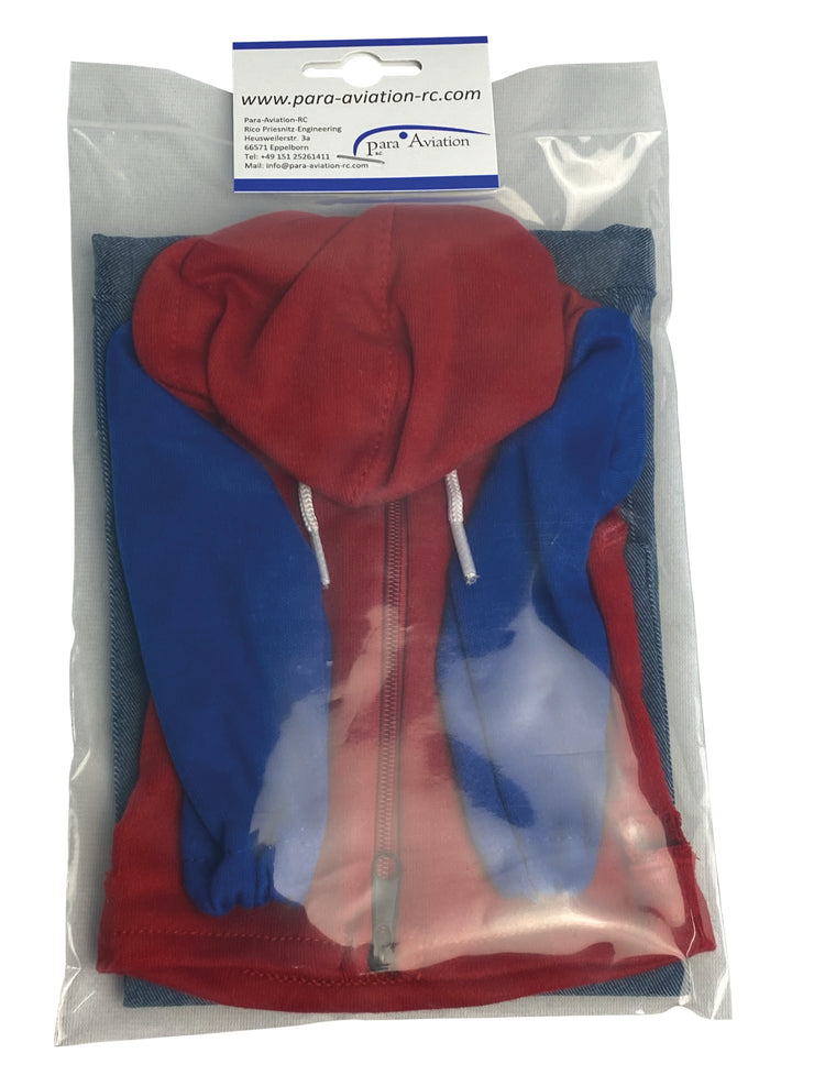 Sudadera con capucha, body rojo, brazos azules con acceso de mantenimiento y puños de goma en los brazos
